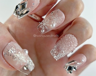 Icy Winter Press on Nails, Snowy Sparkly False Nails, Nails with Rhinestones and Glitter, Short Coffin Nails