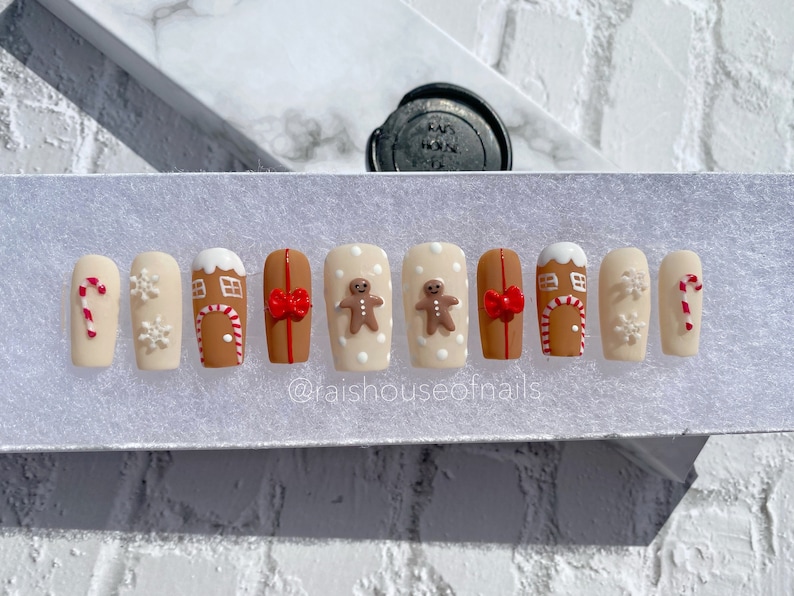 Christmas Press on Nails, Candy Cane Nails, Fake Nails, Gingerbread Nails, False Nails, 3D Nail Art image 8