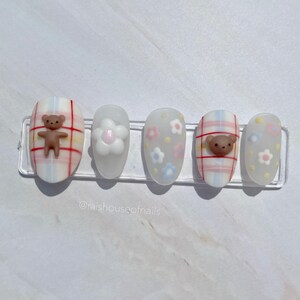 Kawaii Teddy Bear Press on Nails, Almond Short Nails, 3D Nail Art, Nails with Charms, Spring Nails, Cute Nails, Japanese Nails image 3