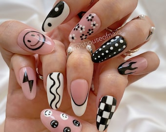 Mix and Match Black and White Y2K Press on Nails, 90s Style Fake Nails, Aesthetic False Nails, Korean Style Glue on Nails, Acrylic Nails