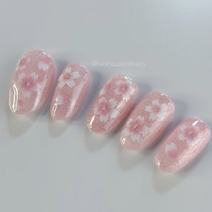 Pink Flower Cat Eye Press on Nails, Velvet Nails, Sakura Nails, Cherry Blossom Nails, Custom Nails, Reusable Nails, Handmade Nails image 7