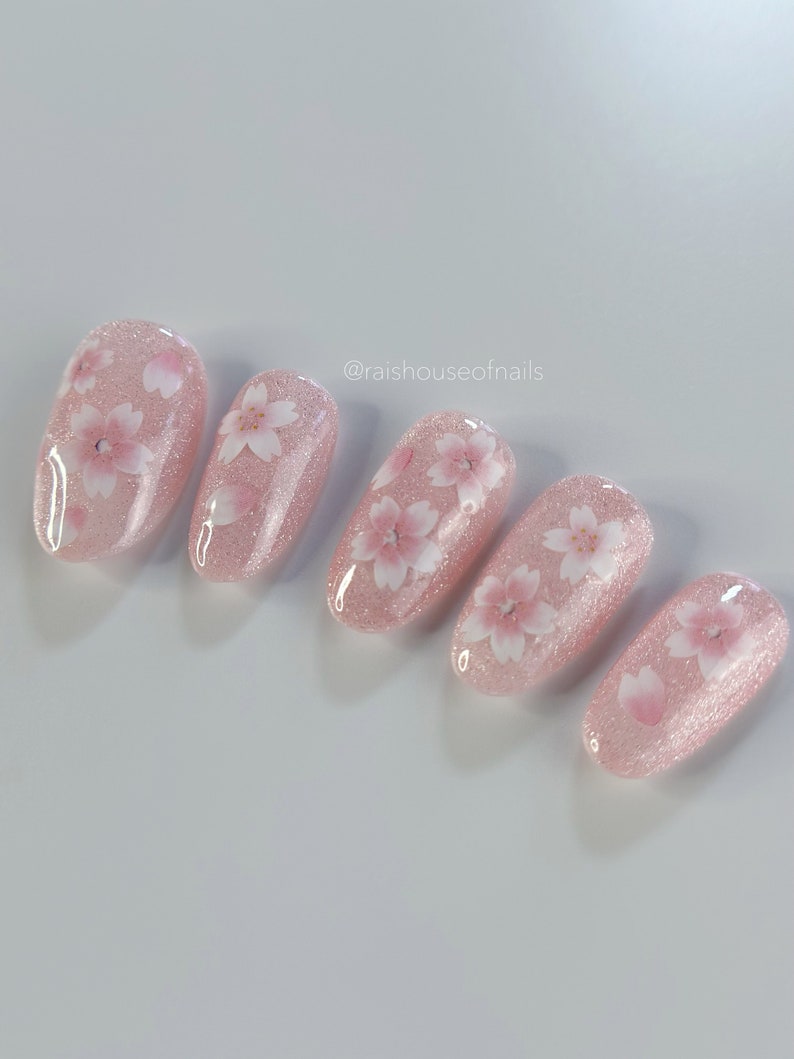 Pink Flower Cat Eye Press on Nails, Velvet Nails, Sakura Nails, Cherry Blossom Nails, Custom Nails, Reusable Nails, Handmade Nails image 7