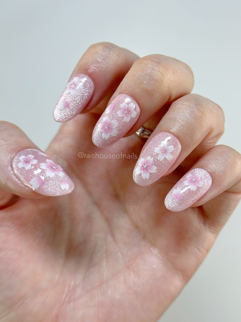 cat eye gel pink flower press on nails