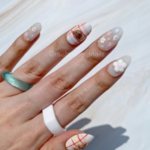 Kawaii Teddy Bear Press on Nails, Almond Short Nails, 3D Nail Art, Nails with Charms, Spring Nails, Cute Nails, Japanese Nails image 2