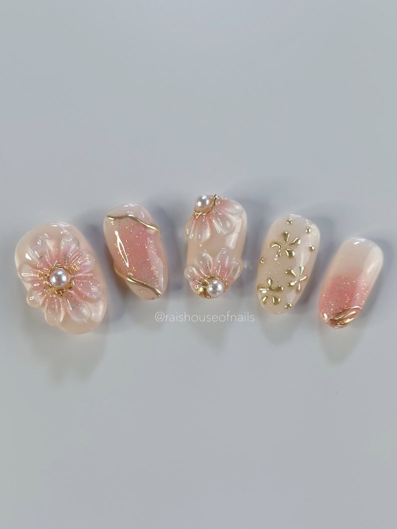 Blush Flowers Press on Nails, Jelly Nails, Gold Nails, Chrome Nails, Glitter Nails, Pearl Nails, Spring Nails, Handmade Nails image 5