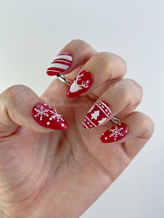 Sweater Nail Art Design Christmas Nail Art Design Snow Flakes Nails Design  Red Color Press on Nails Xmas Press on Nails UK 