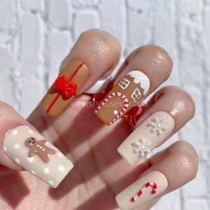 Christmas Press on Nails, Candy Cane Nails, Fake Nails, Gingerbread Nails, False Nails, 3D Nail Art image 7