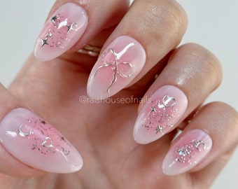 Pink Aura Press on Nails, Blush Nails, Glitter Nails, Star Nails, Coquette Nails, Handmade Nails, Bow Nails, Almond Nails, Short Nails