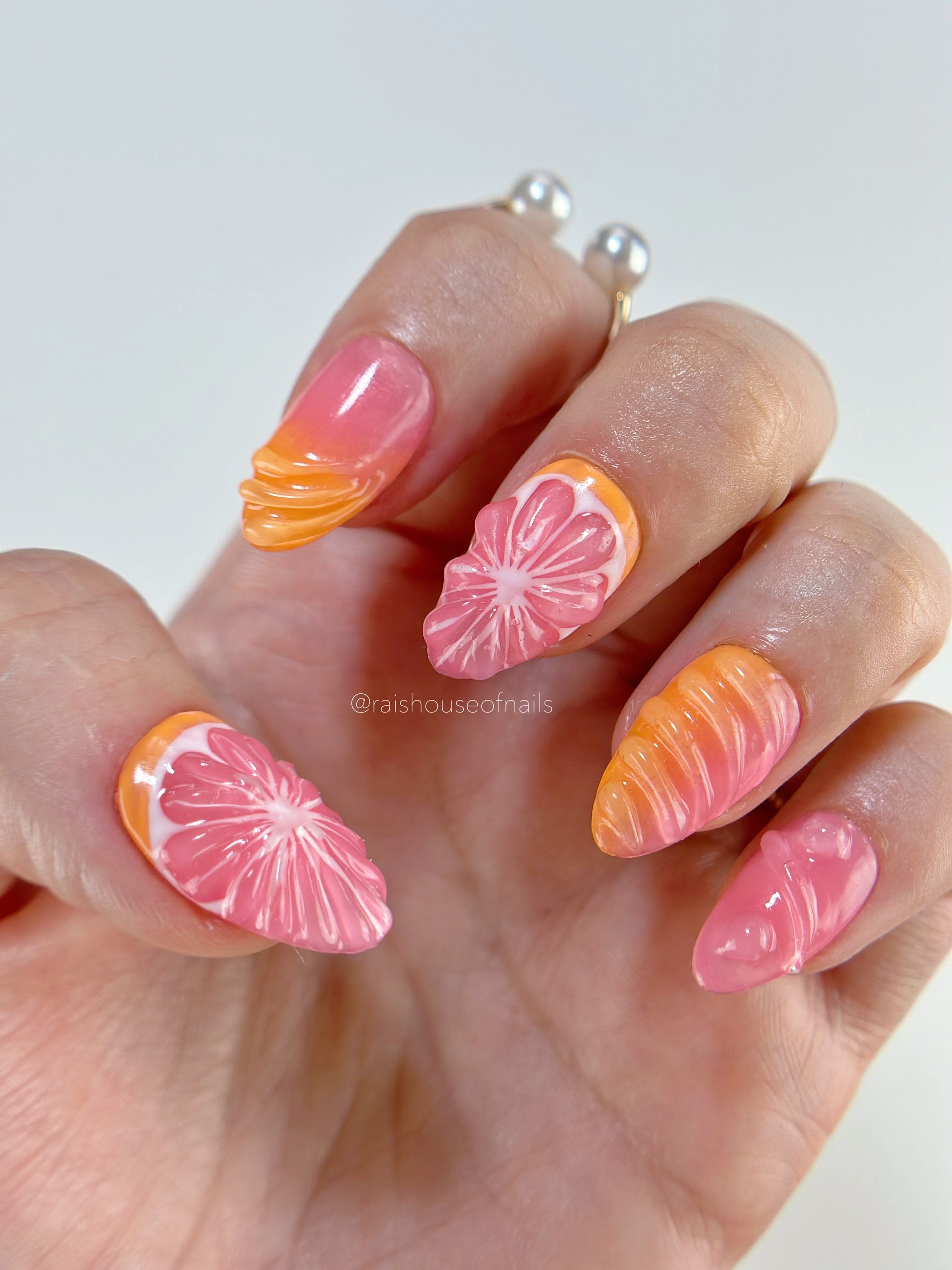3D Grapefruit Press on Nails with Citrus Slices and Orange Peel Texture