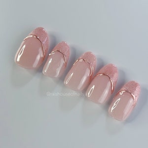 Pink Velvet Press on Nails, Rose Gold Chrome Nails, Cat Eye Nails, French Nails, Short Nails, Handmade Press on Nails image 5