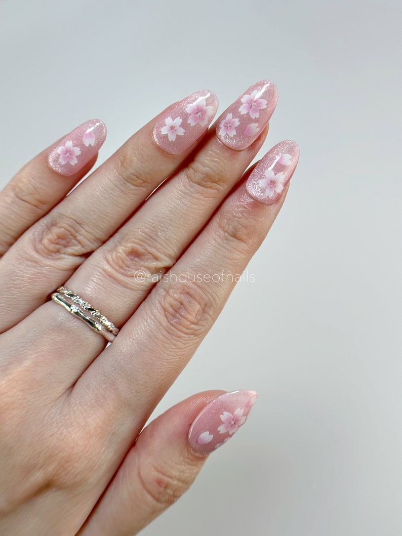 Pink Flower Cat Eye Press on Nails, Velvet Nails, Sakura Nails, Cherry Blossom Nails, Custom Nails, Reusable Nails, Handmade Nails image 9