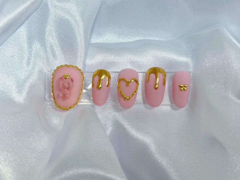 Kawaii Press on Nails, Cute Teddy Bear Nails, Pink Nails, Matte Nails, Short Almond Nails, Gold Nails, 3D Teddy Bear, Japanese Nails image 4