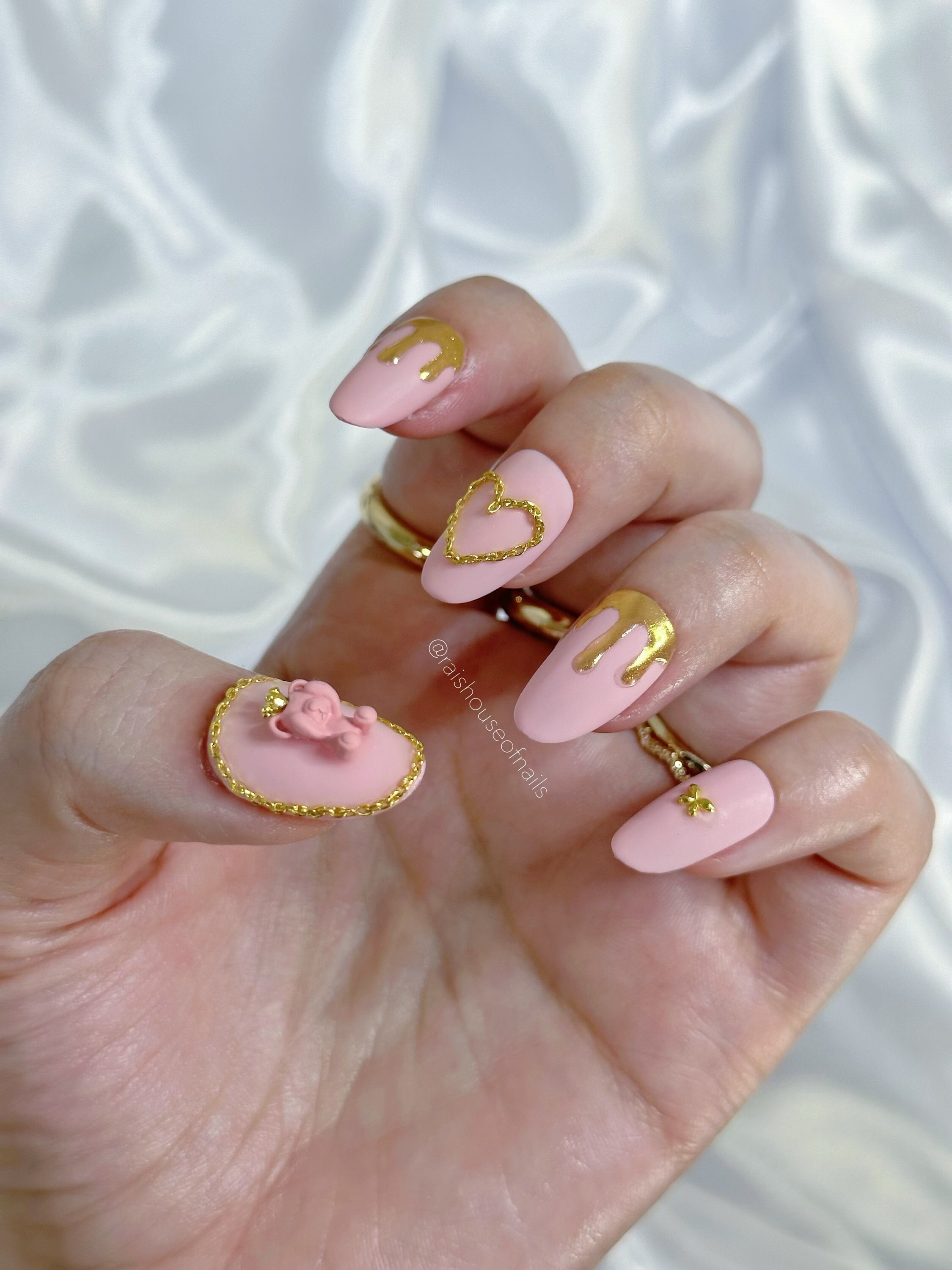 Short Pink Kaws Press on Nails With Gold Charms 