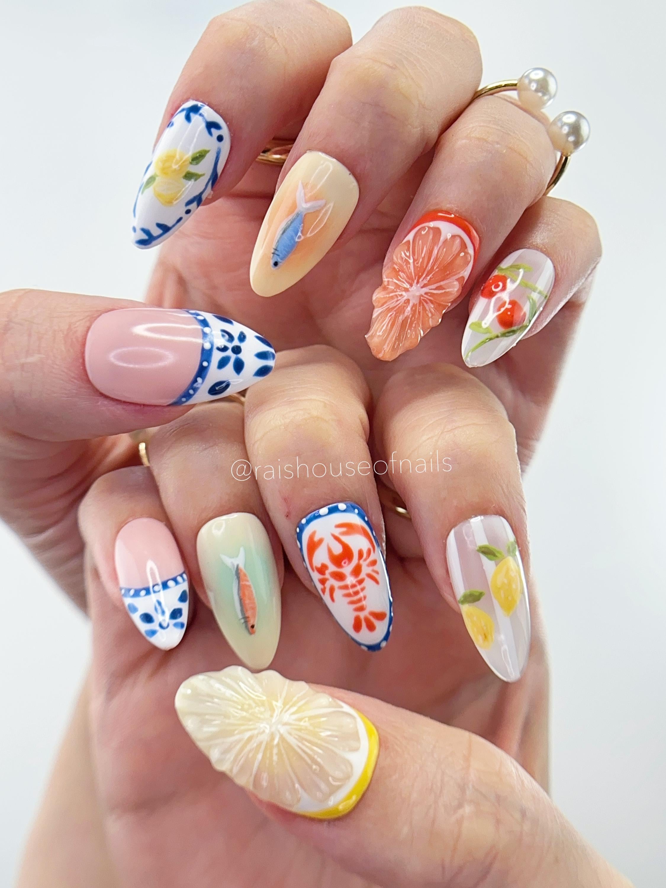 Amalfi Coast Press on Nails With Lemons, Lobster, and Sardines - Etsy