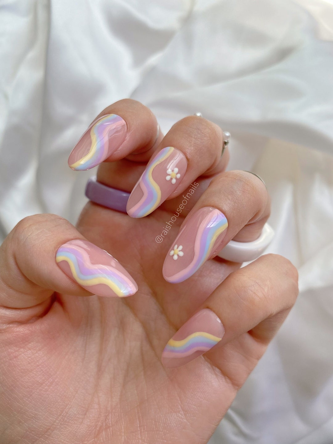 Pastel Rainbow Press on Nails Wavy Nails. Cute Nails Fake 