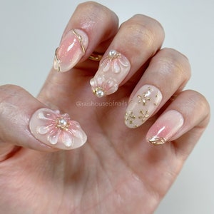 Blush Flowers Press on Nails, Jelly Nails, Gold Nails, Chrome Nails, Glitter Nails, Pearl Nails, Spring Nails, Handmade Nails image 8