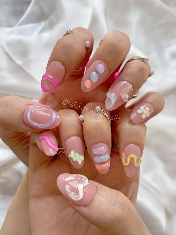 Handmade Y2k Press on Nails Short Korean Cute Reusable Adhesive False