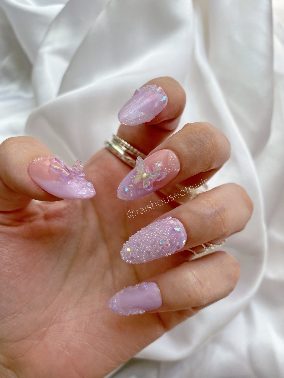 Butterfly Charms Press on Nails, Fairy Holo Nails, Cute Iridescent Nails,  3d Fake Nails - Main Image