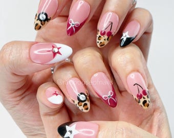 Cherry Leopard Print Press on Nails with Stars, Bows, and 8-Ball