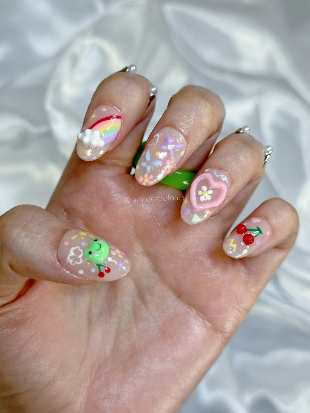 Cute Frog Press on Nails, Jelly Almond Fake Nails, Kawaii 3D Nail