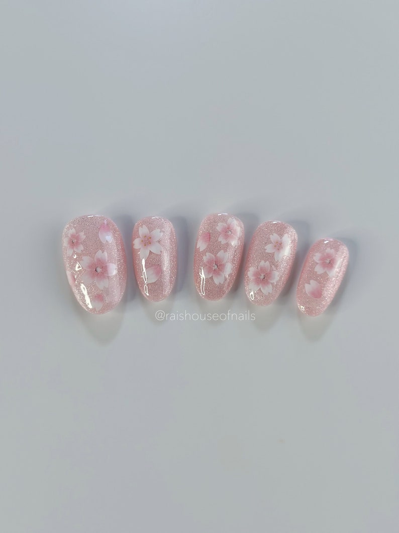 Pink Flower Cat Eye Press on Nails, Velvet Nails, Sakura Nails, Cherry Blossom Nails, Custom Nails, Reusable Nails, Handmade Nails image 5