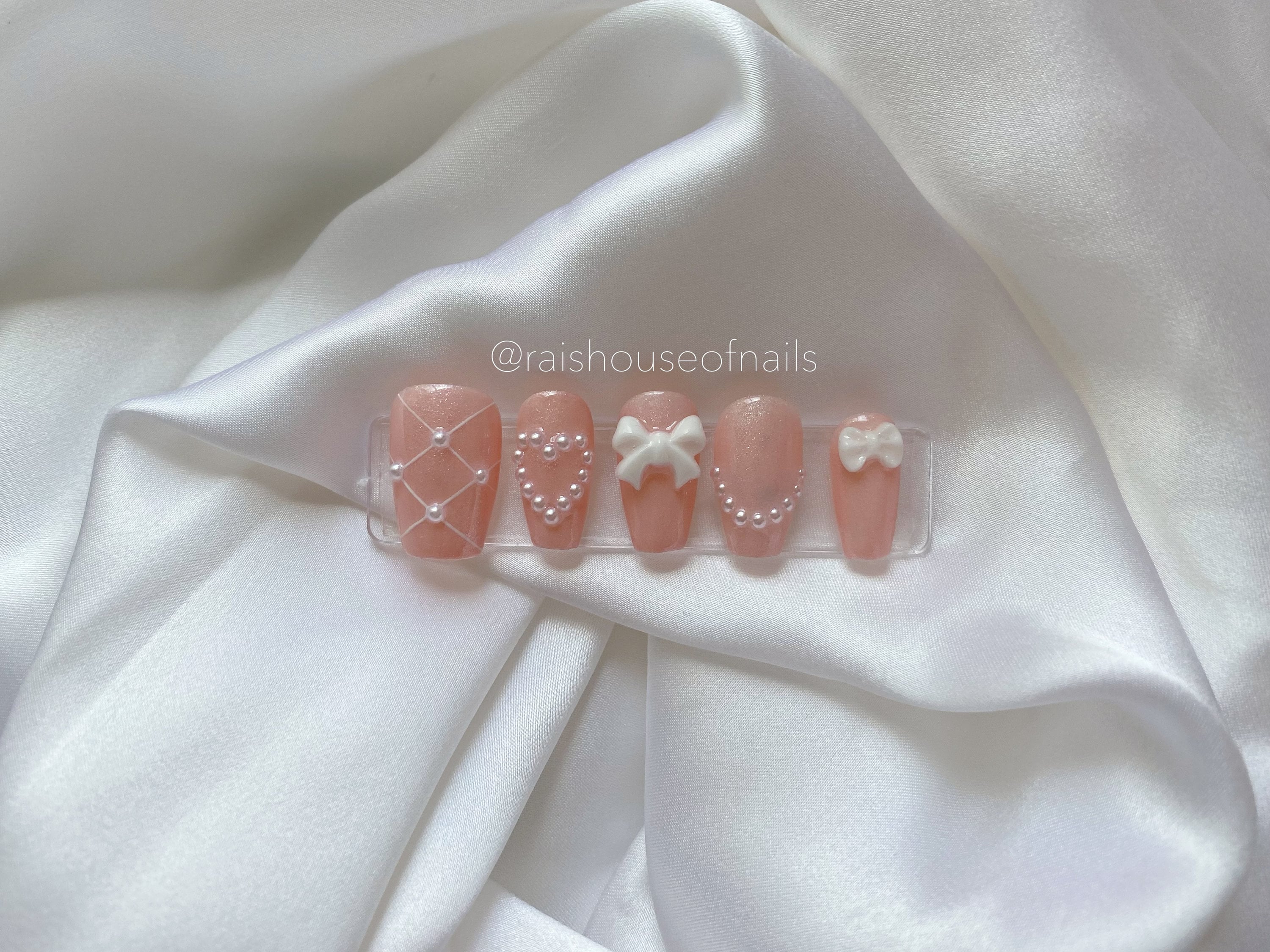 3D Bow and Pearls Press on Nails Sparkly Nails Princess - Etsy