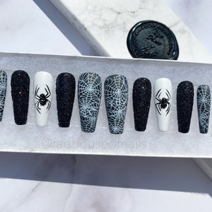 Halloween Press on Nails Spider With Spiderweb Black Glitter - Etsy