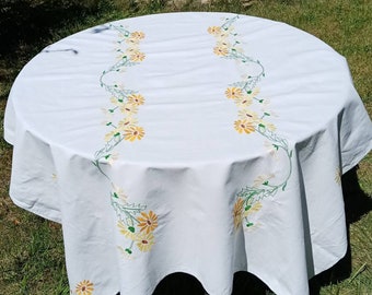 Vintage French large old rectangular tablecloth hand-embroidered with yellow and orange flowers.