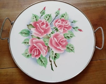 Vintage français Plat à gâteaux ou plateau en porcelaine vintage à décor de roses