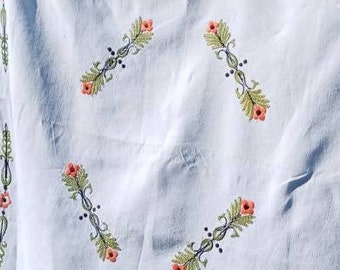Vintage French square tea tablecloth hand-embroidered with stylized flowers