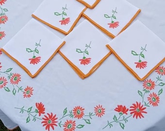 French square tablecloth old hand embroidered with red daisies