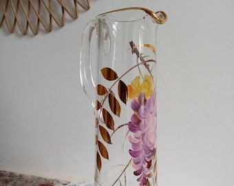 Vintage French large enameled glass vase, enameled carafe with wisteria decor