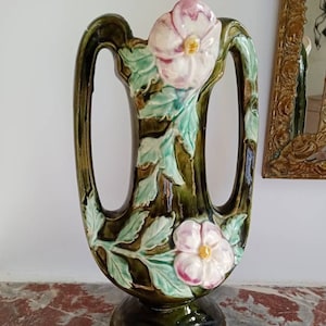 Pair of Art Nouveau Barbotine earthenware flower vases with floral decoration