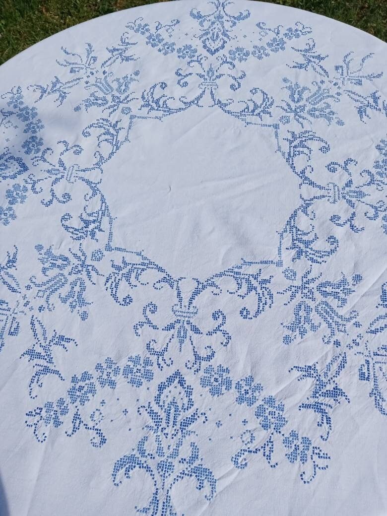 Nappe Brodée Ronde Ancienne Linge Français