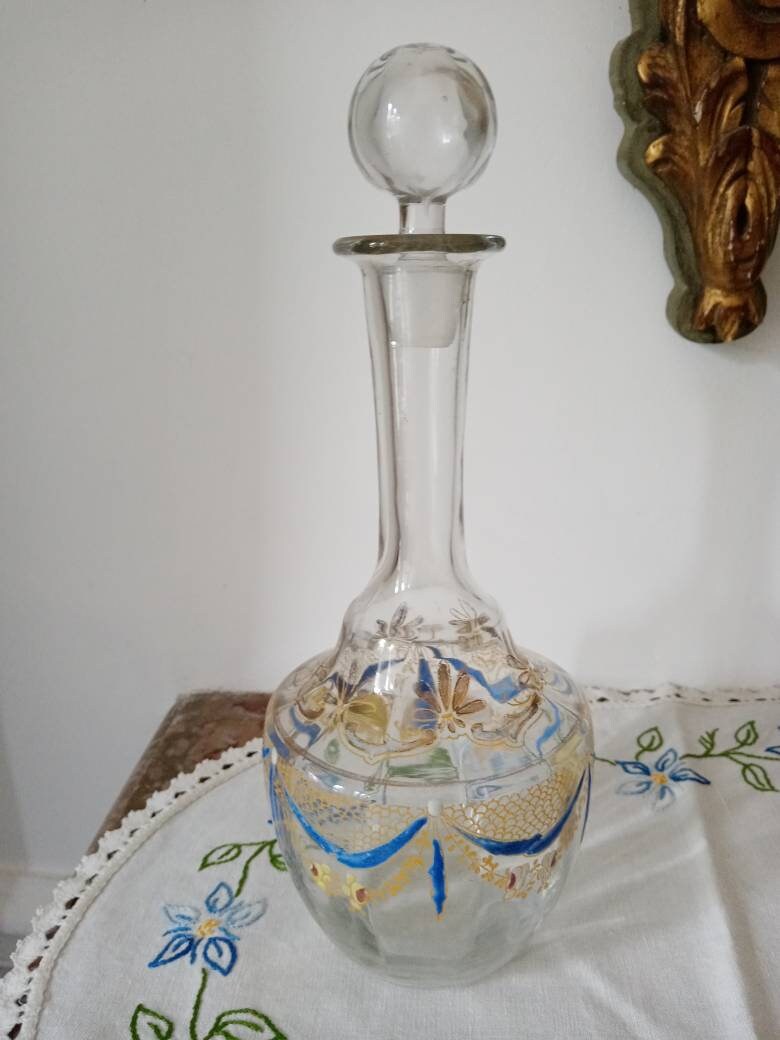 Vintage Français Carafe à Liqueur en Verre Émaillé Décor de Fleurs Enameled Glass