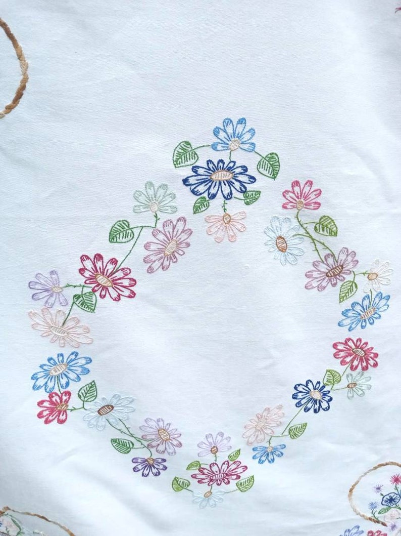 Vintage français nappe carrée brodée à la main de paniers de fleurs multicolores image 6