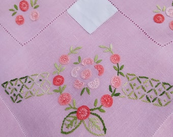 Vintage French pink, square and hand-embroidered tea tablecloth