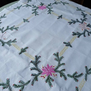 Vintage French hand embroidered rectangular Christmas tablecloth image 1