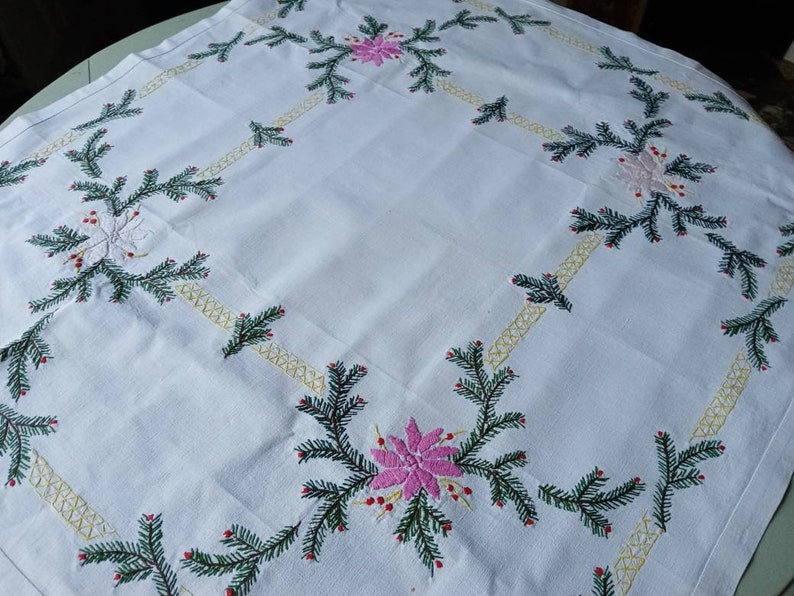 Vintage French hand embroidered rectangular Christmas tablecloth image 1