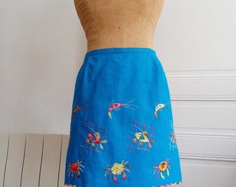 Vintage French Blue Apron Embroidered with Fishes