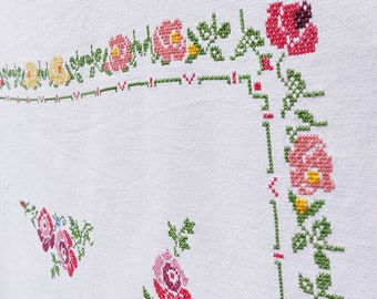 Vintage French rectangular tablecloth hand embroidered in cross stitch with roses