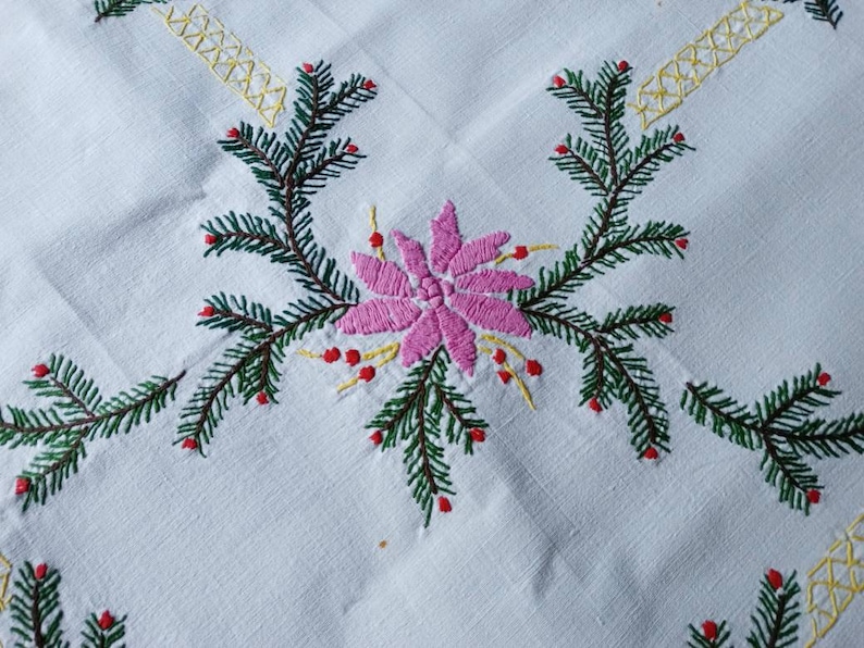 Vintage French hand embroidered rectangular Christmas tablecloth image 7