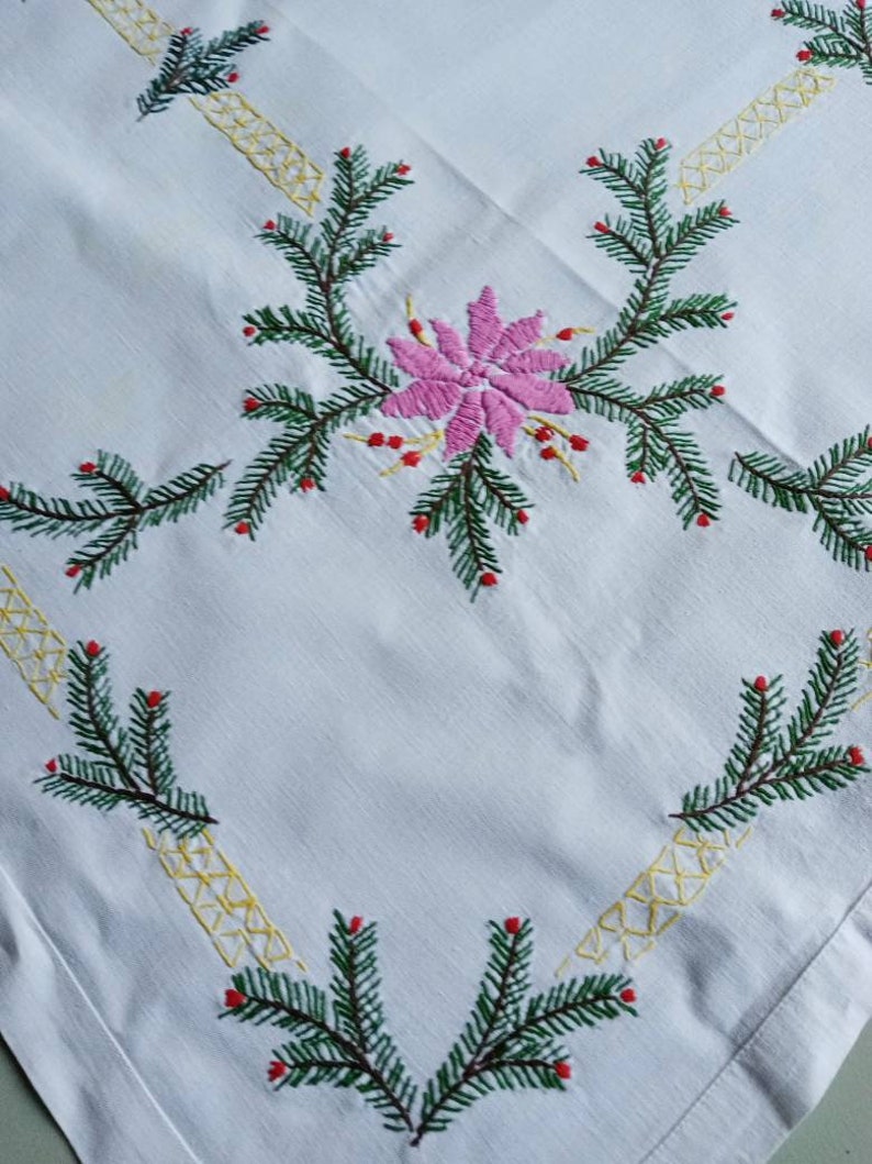 Vintage French hand embroidered rectangular Christmas tablecloth image 6