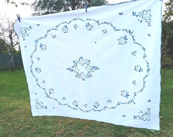 Old rectangular tablecloth hand embroidered in France