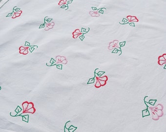 Vintage French square tablecloth hand embroidered with flowers