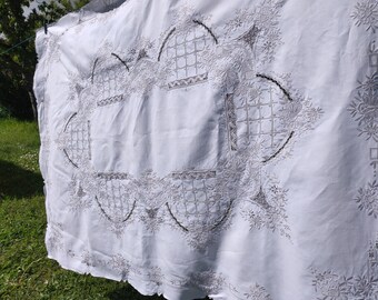 Vintage French magnificent linen tablecloth, handmade embroidery and lace