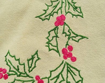 Vintage French Holly Hand Embroidered Christmas Tablecloth