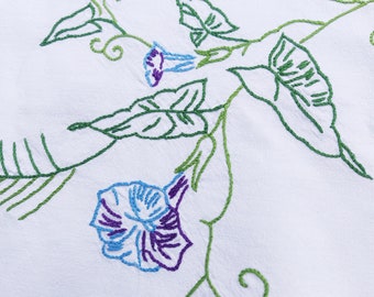 French vintage large rectangular cotton tablecloth hand embroidered with blue bindweed flowers
