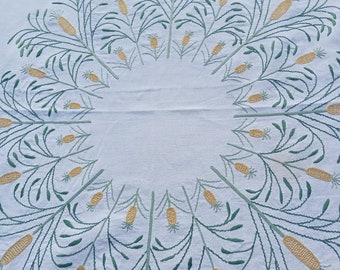 Vintage French square tablecloth hand embroidered pineapple decor