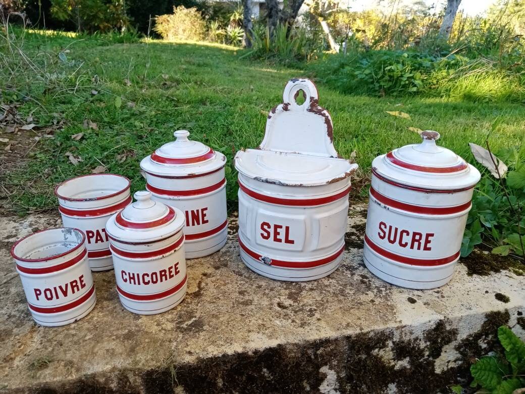 Antique French /Pots à Épices /Boîte Sel en Tôle Emaillée